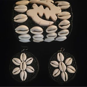 Gye Nyame Cowrie Shell Oversized Expandable Cuff Bracelet + Earring Set  (New)